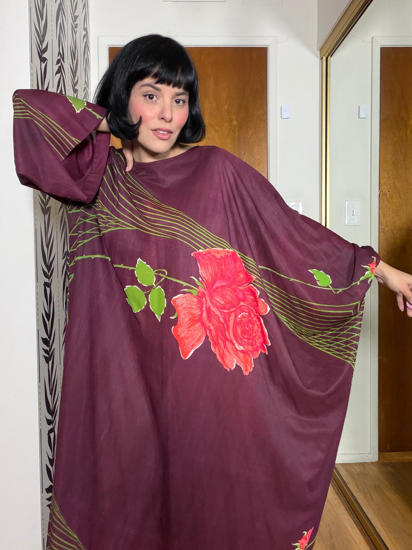 60s Psychedelic Rose Caftan Dress Fits Most Sizes