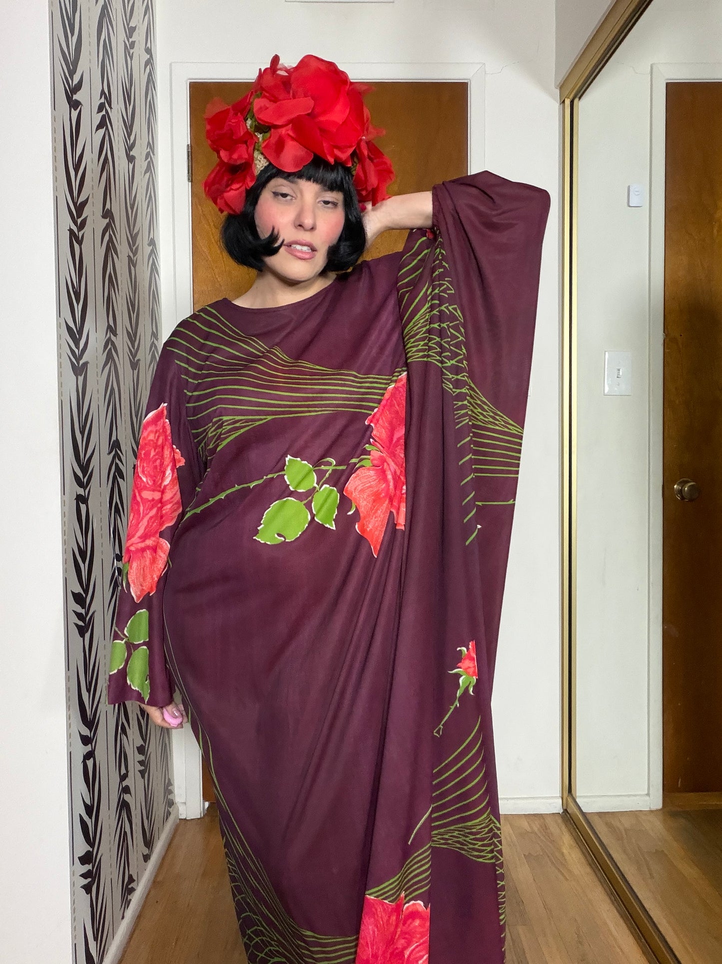 60s Psychedelic Rose Caftan Dress Fits Most Sizes