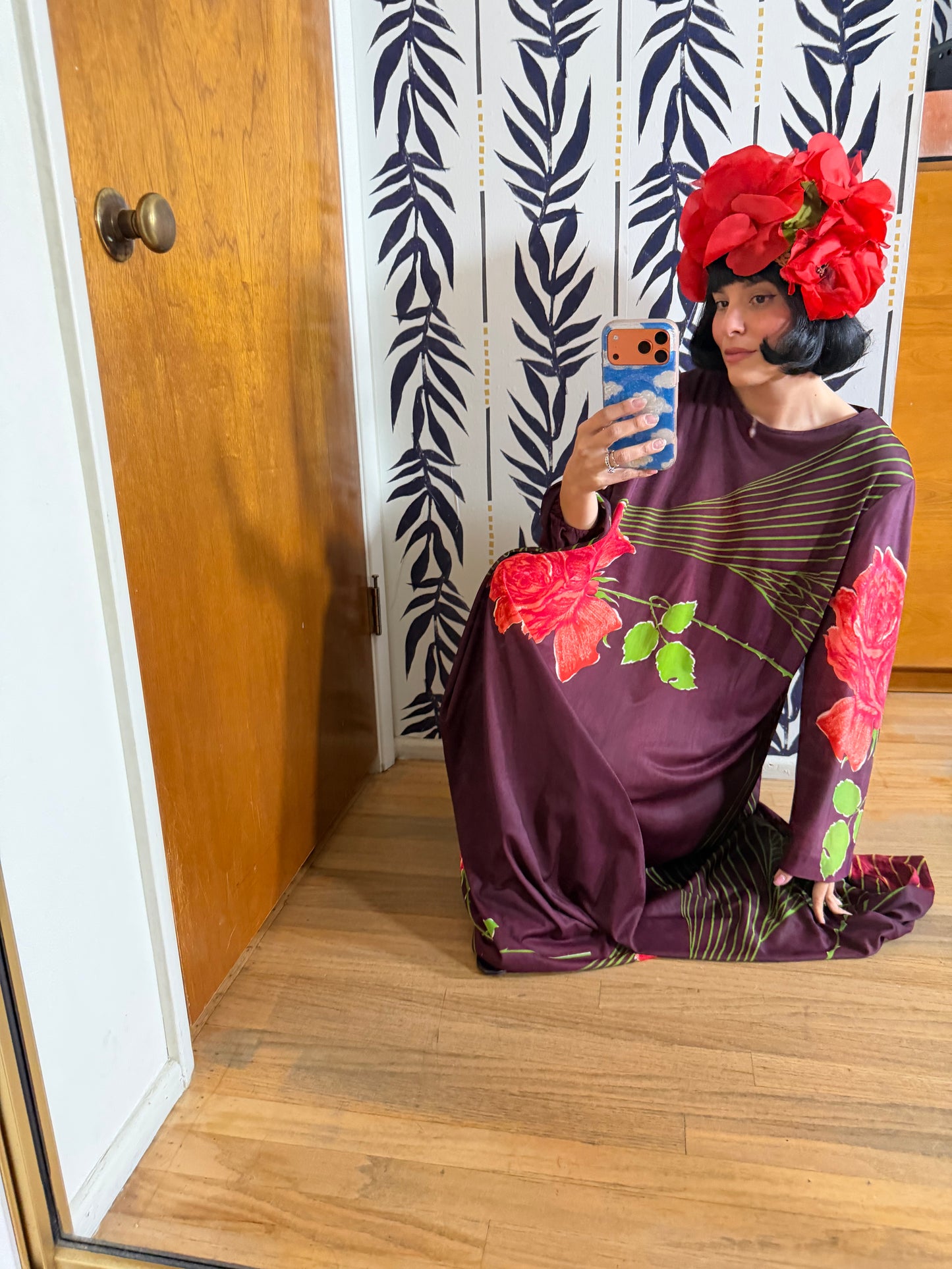 60s Psychedelic Rose Caftan Dress Fits Most Sizes