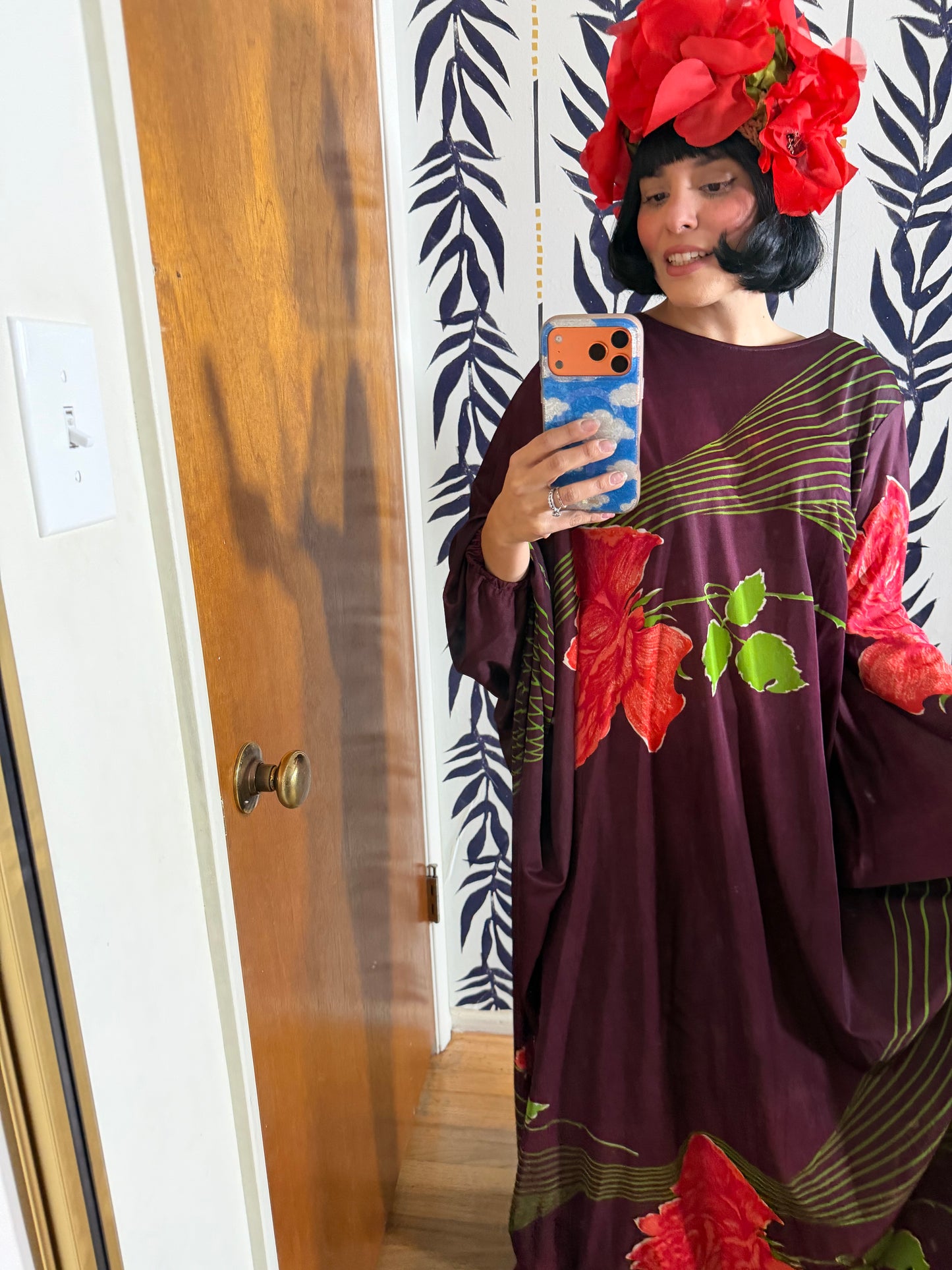 60s Psychedelic Rose Caftan Dress Fits Most Sizes