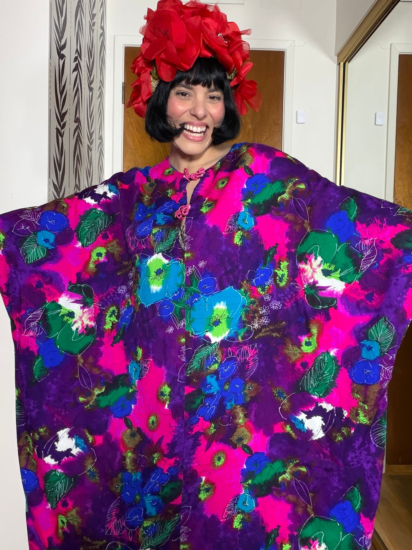 Vintage 60s Neon Psychedelic Hawaii Caftan Hawaii Dress Fits Most Sizes