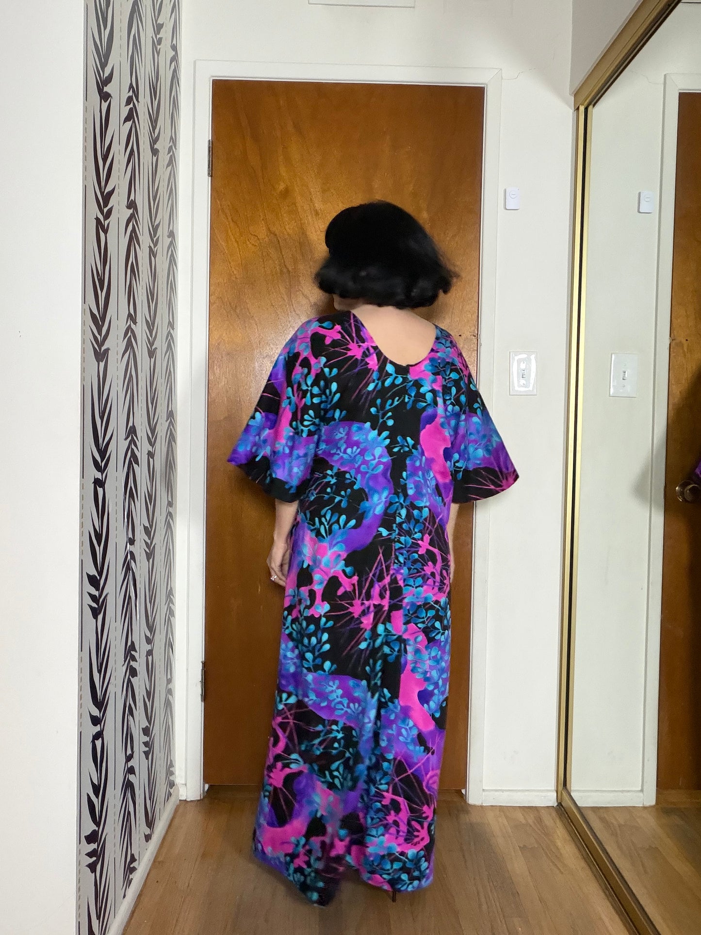 Vintage 60s Two Potato of Laguna Beach Neon Bell Sleeves Maxi Caftan Dress Fits S-L