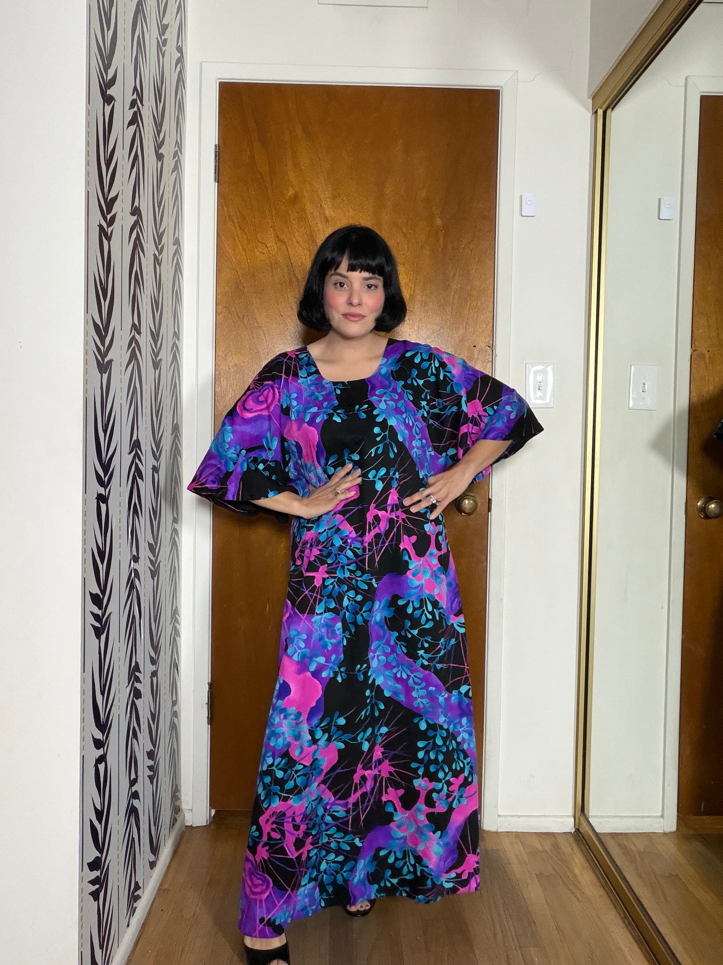 Vintage 60s Two Potato of Laguna Beach Neon Bell Sleeves Maxi Caftan Dress Fits S-L