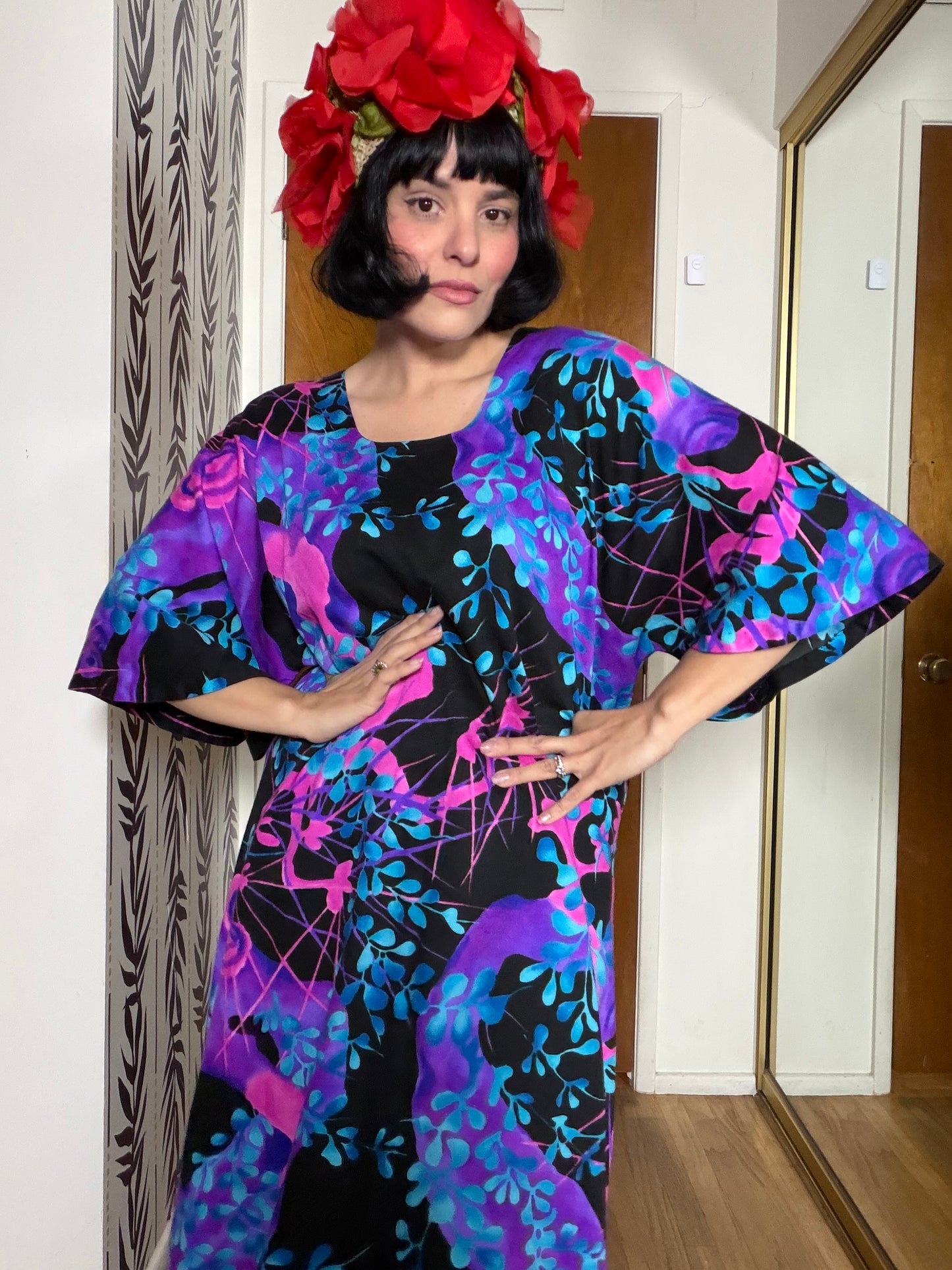 Vintage 60s Two Potato of Laguna Beach Neon Bell Sleeves Maxi Caftan Dress Fits S-L