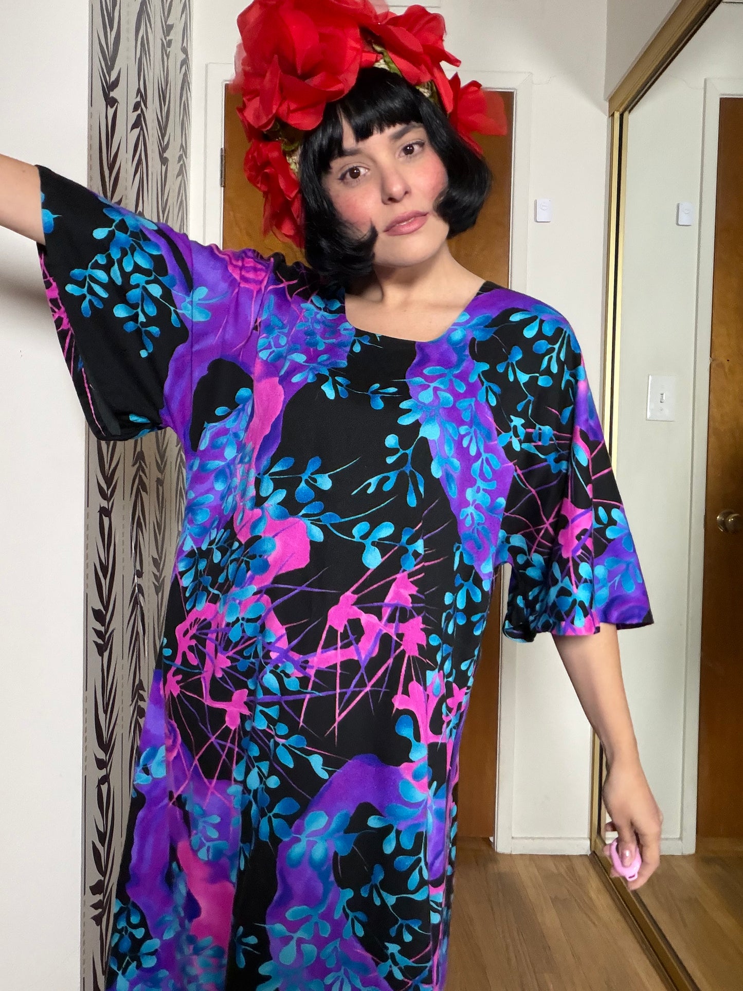 Vintage 60s Two Potato of Laguna Beach Neon Bell Sleeves Maxi Caftan Dress Fits S-L