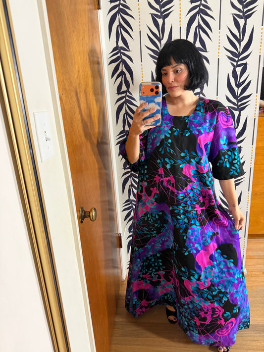 Vintage 60s Two Potato of Laguna Beach Neon Bell Sleeves Maxi Caftan Dress Fits S-L