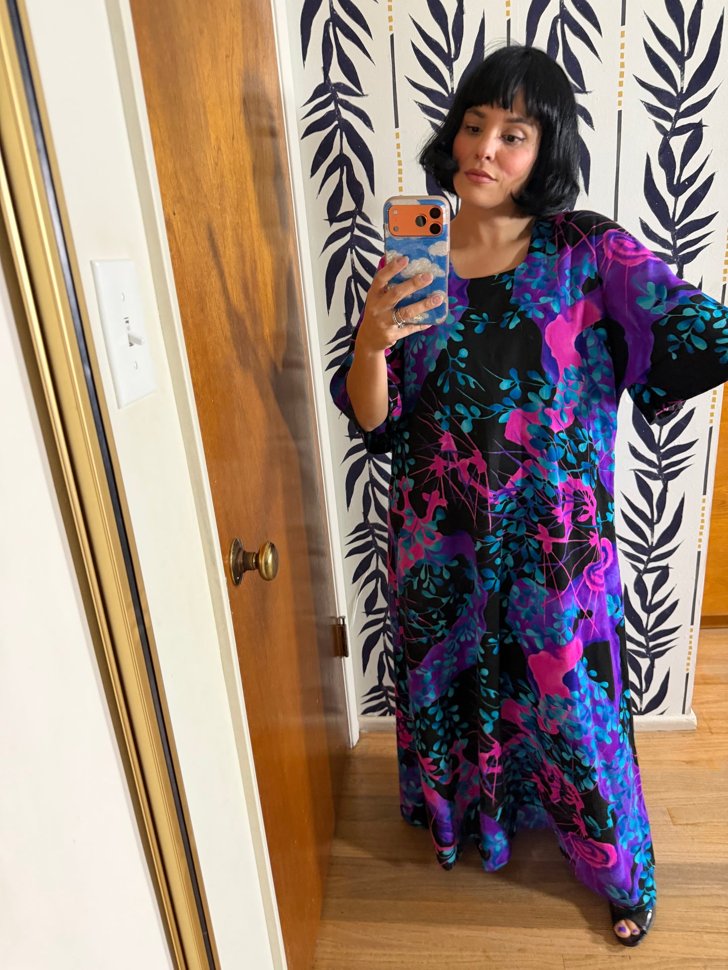 Vintage 60s Two Potato of Laguna Beach Neon Bell Sleeves Maxi Caftan Dress Fits S-L