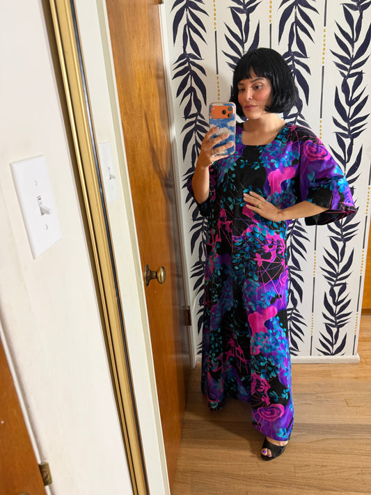 Vintage 60s Two Potato of Laguna Beach Neon Bell Sleeves Maxi Caftan Dress Fits S-L