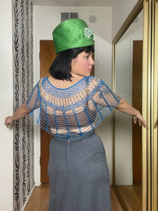 Vintage 70s Blue & Silver Beaded Shoulder Shawl - One Size