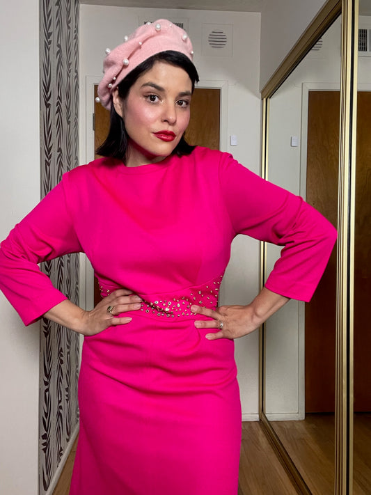 Vintage 60s 70s Hot Pink Dress w/ Rhinestone Waist - Best Fits Size M-L, Possibly XL