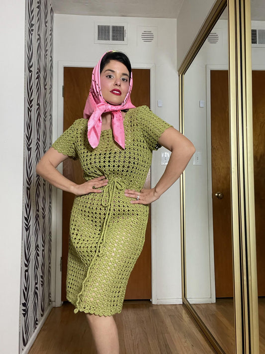 Vintage 60s Green Crocheted Dress - Best Fits Size XS-M