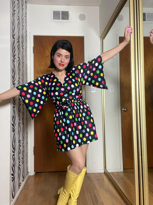 Vintage 60s Black Multicolored Polka Dot Mini Dress - Best Fits Size XS-S