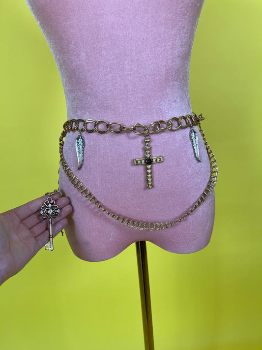Vintage 80s Reworked Keys and Crosses Chain Belt - Best Fits Size XS-S