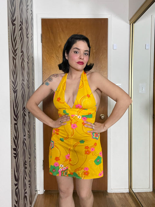 Vintage 60s Yellow Halter Mini Dress - Best Fits Size XS-S