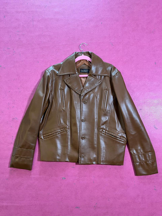 Vintage 80s Brown Faux Leather Jacket - Fits Size XS-L