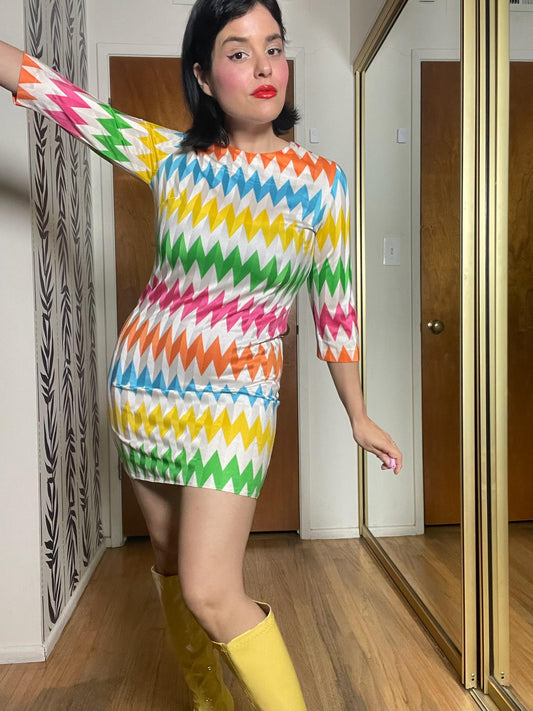 Vintage 60s 70s Chevron Multicolored Print Mini Dress - Best Fits Size XS