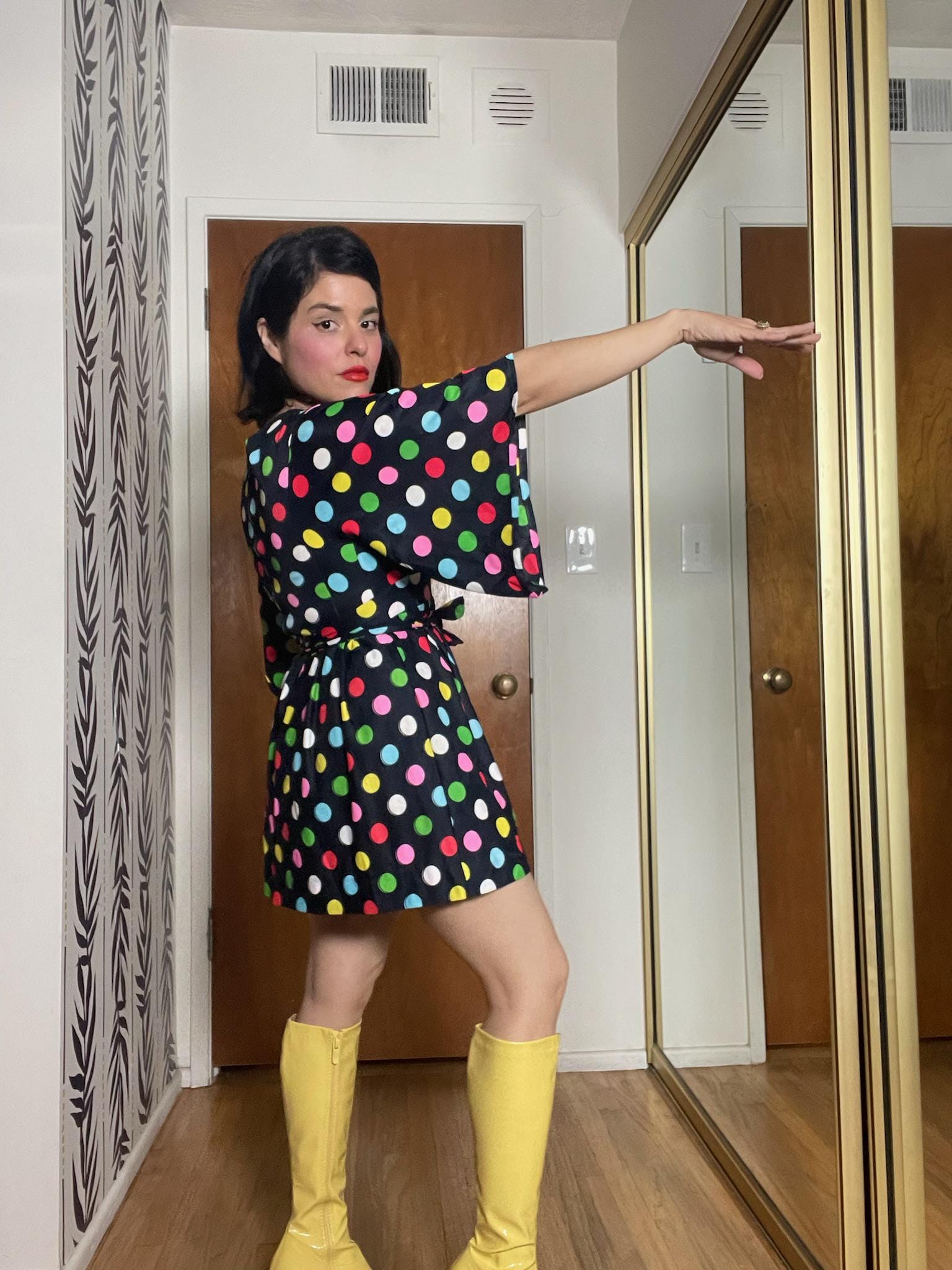 Vintage 60s Black Multicolored Polka Dot Mini Dress - Best Fits Size Xs-S Vintage 60s Black Multicolored Polka Dot Mini Dress - Best Fits Size Xs-S