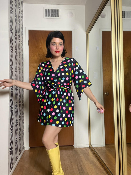 Vintage 60s Black Multicolored Polka Dot Mini Dress - Best Fits Size XS-S