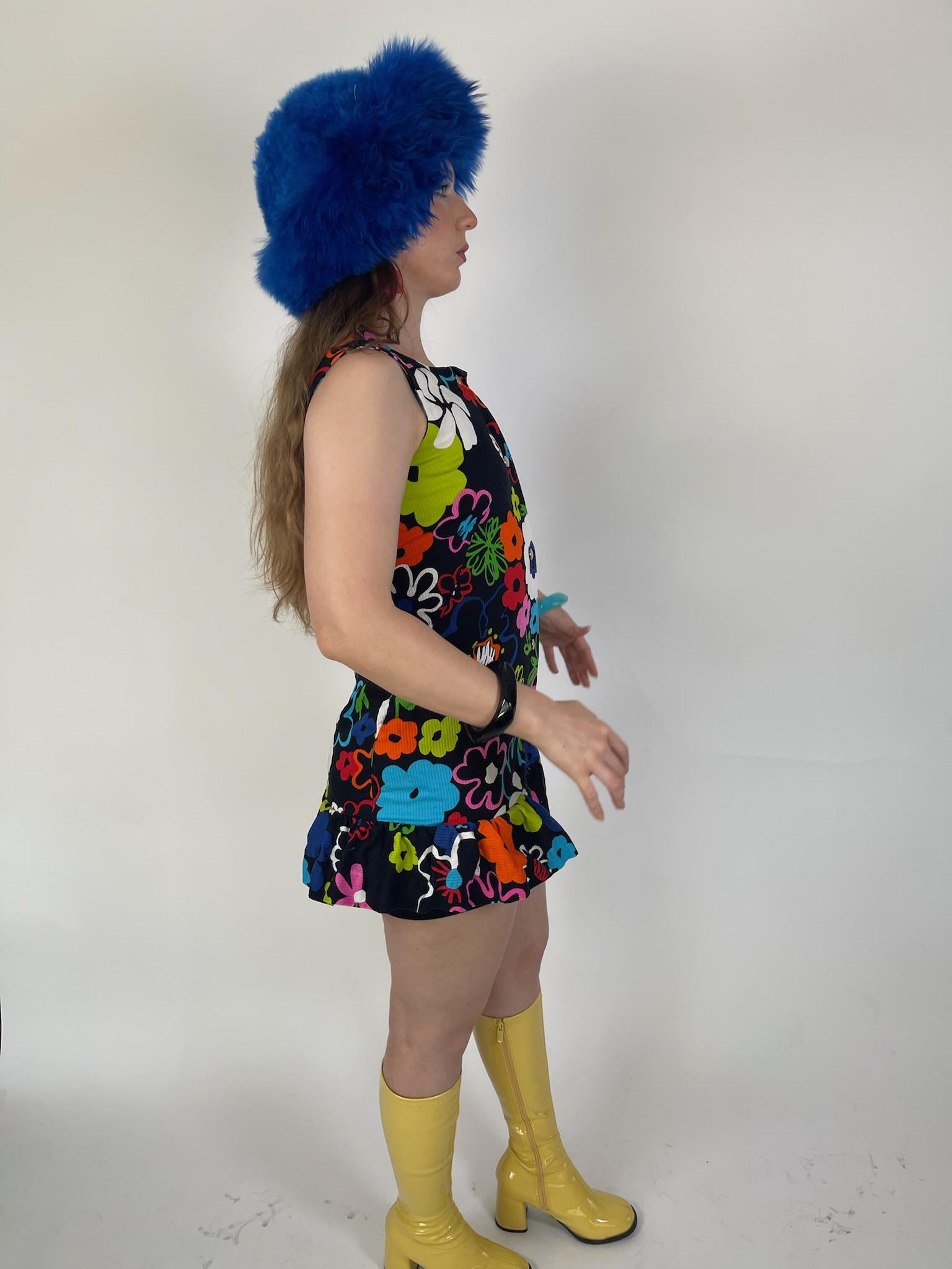 Vintage 60s "Miss Elaine" Neon Flowers Mini Dress - Fits Size XS-S