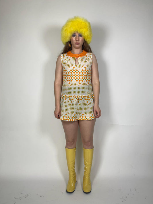 Vintage 60s Green and Orange Drop Waist Mini Dress - Fits Size XS-S
