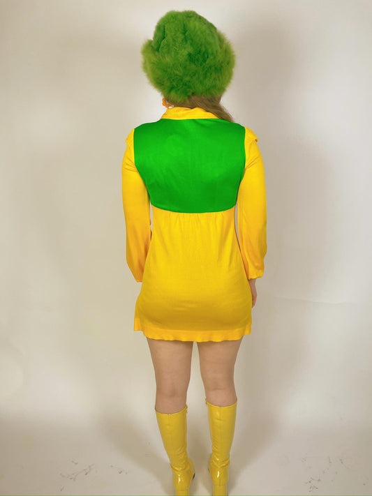 Vintage 60s 70s Yellow And Green Mod Shirt Style Dress - Fits Size XS-S, Possibly M