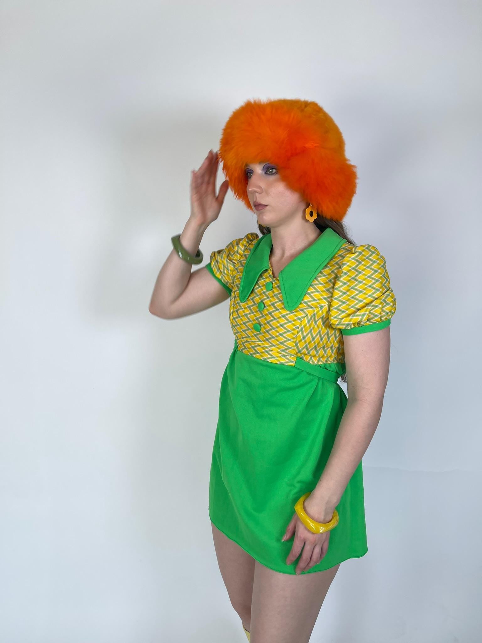 Vintage 60s 70s Green and Yellow Diamond Print Baby Doll Dress - Fits Size XS-M