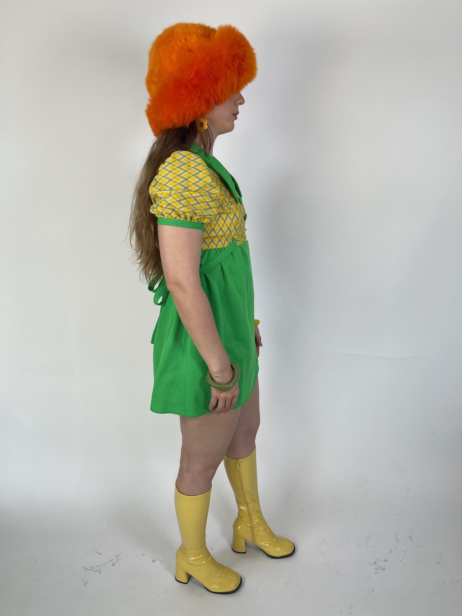 Vintage 60s 70s Green and Yellow Diamond Print Baby Doll Dress - Fits Size XS-M