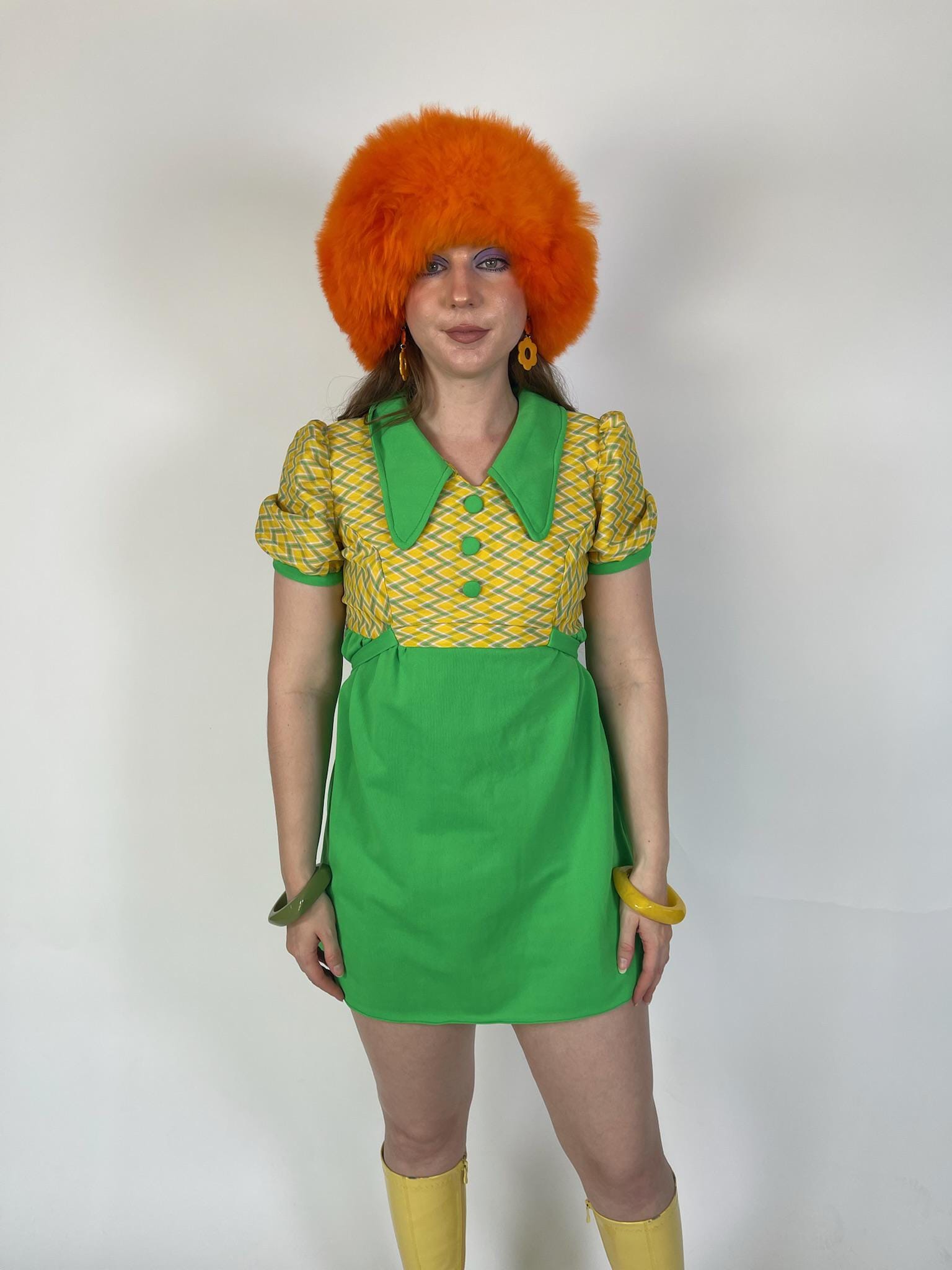 Vintage 60s 70s Green and Yellow Diamond Print Baby Doll Dress - Fits Size XS-M
