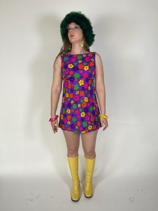 Vintage 60s "The Simple Shop Waikiki Hawaii" Neon Flower Dress - Size XS