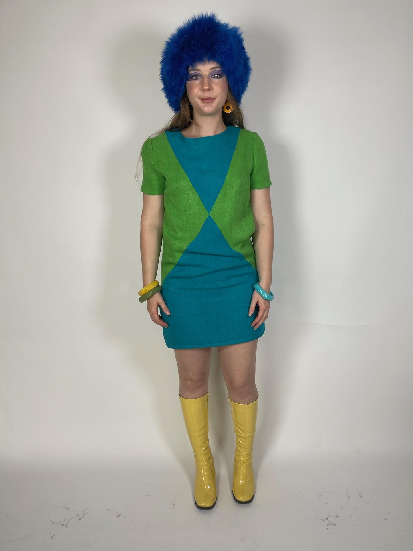 Vintage 60s Mod Green And Blue Harlequin Dress - Fits Size M, Possibly L