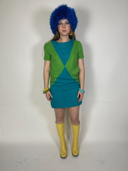 Vintage 60s Mod Green And Blue Harlequin Dress - Fits Size M, Possibly L