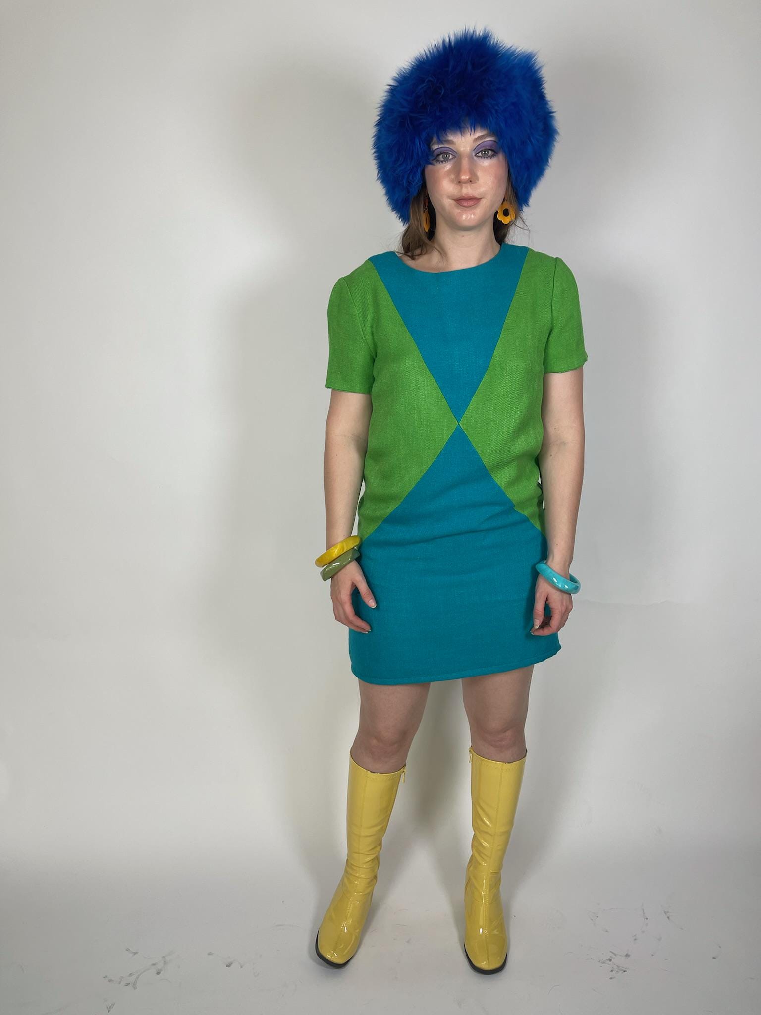 Vintage 60s Mod Green And Blue Harlequin Dress - Fits Size M, Possibly L
