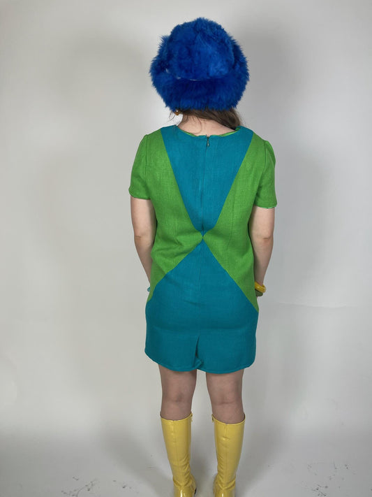 Vintage 60s Mod Green And Blue Harlequin Dress - Fits Size M, Possibly L