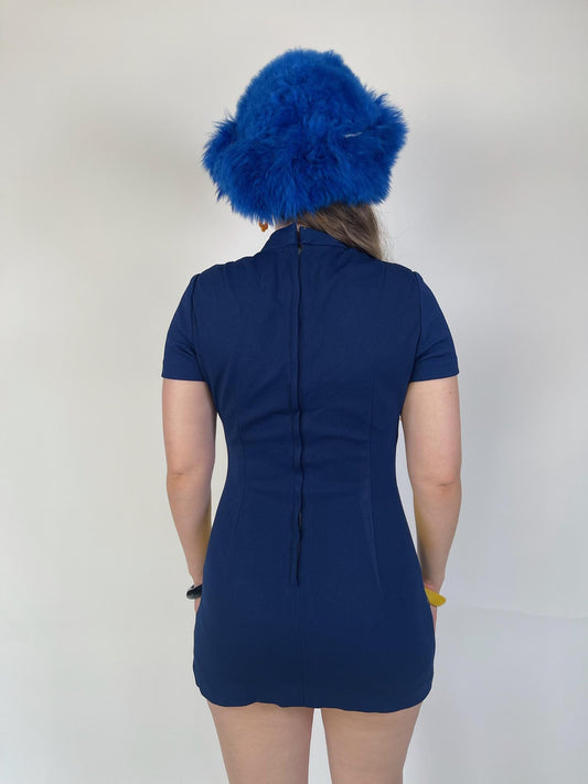 Vintage 60s Mod Navy Blue And Yellow Harlequin Dress - Fits Size XS-S, Possibly M