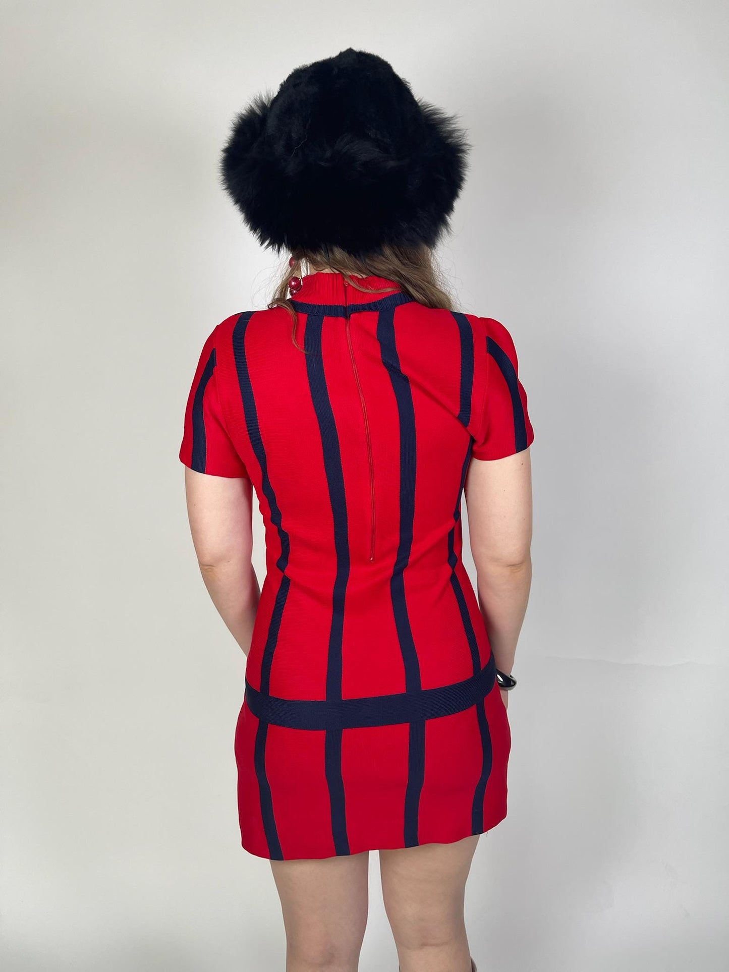 Vintage 60s Navy Blue and Red Mod Knit Dress - Fits Size XS-M