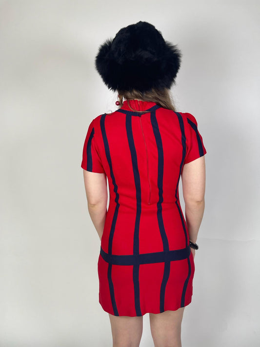 Vintage 60s Navy Blue and Red Mod Knit Dress - Fits Size XS-M