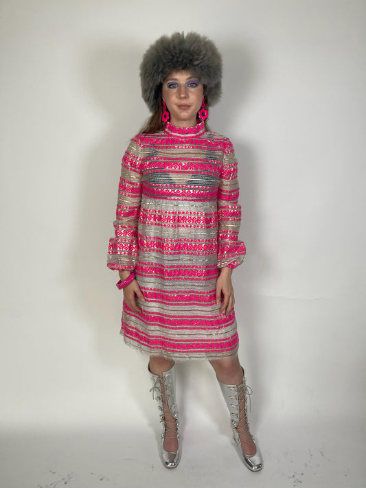 Vintage 60s 70s Metallic Sheer Pink Dress - Fits Size S-M