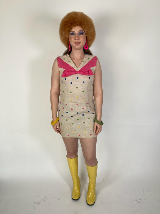 VIntage 60s Tan Mini Dress With Embroidered Polka Dots - Fits Size XS-S