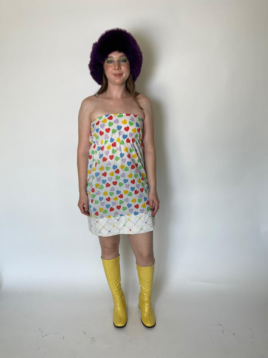Vintage 70s Strapless Cotton Heart Print Mini Dress - Fits Size XS-S