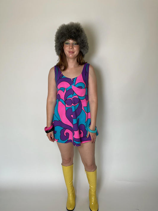Vintage 60s "Malama Hawaii" Blue Pink & Purple Mini Dress - Fits Size XS-S