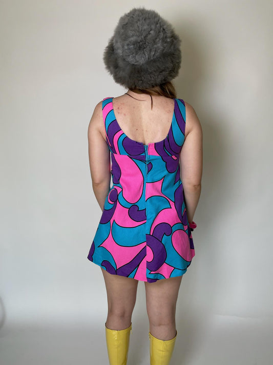 Vintage 60s "Malama Hawaii" Blue Pink & Purple Mini Dress - Fits Size XS-S