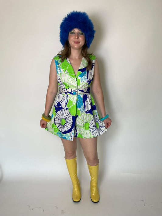 Vintage 60s Made In Hawaii Neon Green And Blue Mini Dress - Fits Size S-M