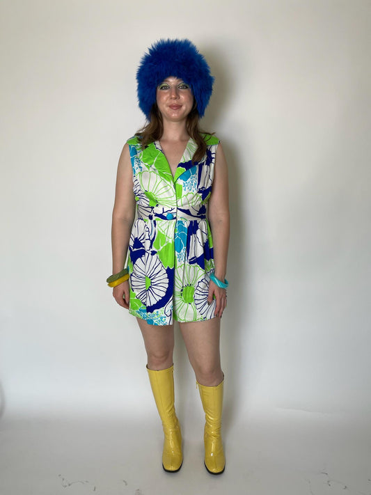 Vintage 60s Made In Hawaii Neon Green And Blue Mini Dress - Fits Size S-M