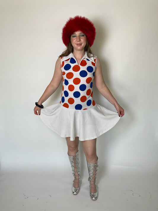 Vintage 60s Red And Blue Polka Dot Drop Waist Dress - Fits Size S-M