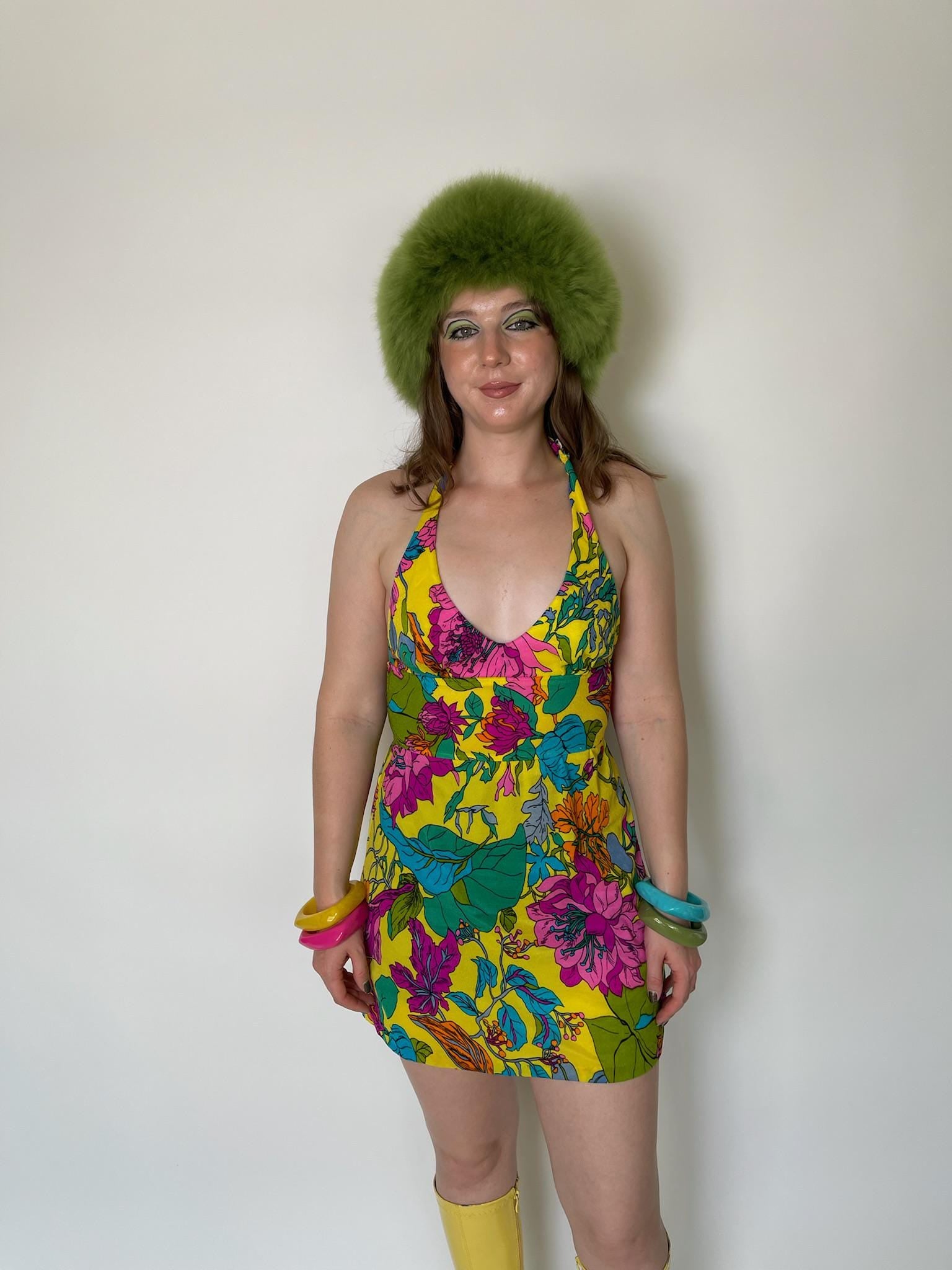 Vintage 60s 70s Multicolored Flowers Halter Mini Dress - Fits Size XS-S, Possible M Vintage 60s 70s Multicolored Flowers Halter Mini Dress - Fits Size XS-S, Possible M