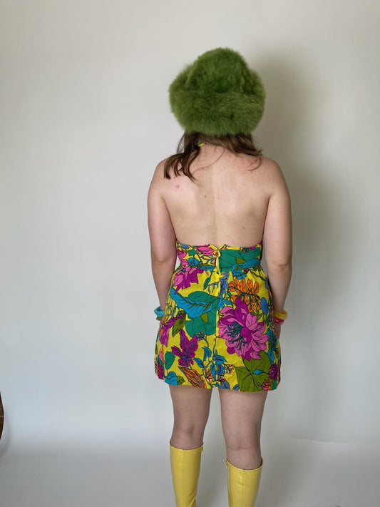 Vintage 60s 70s Multicolored Flowers Halter Mini Dress - Fits Size XS-S, Possible M