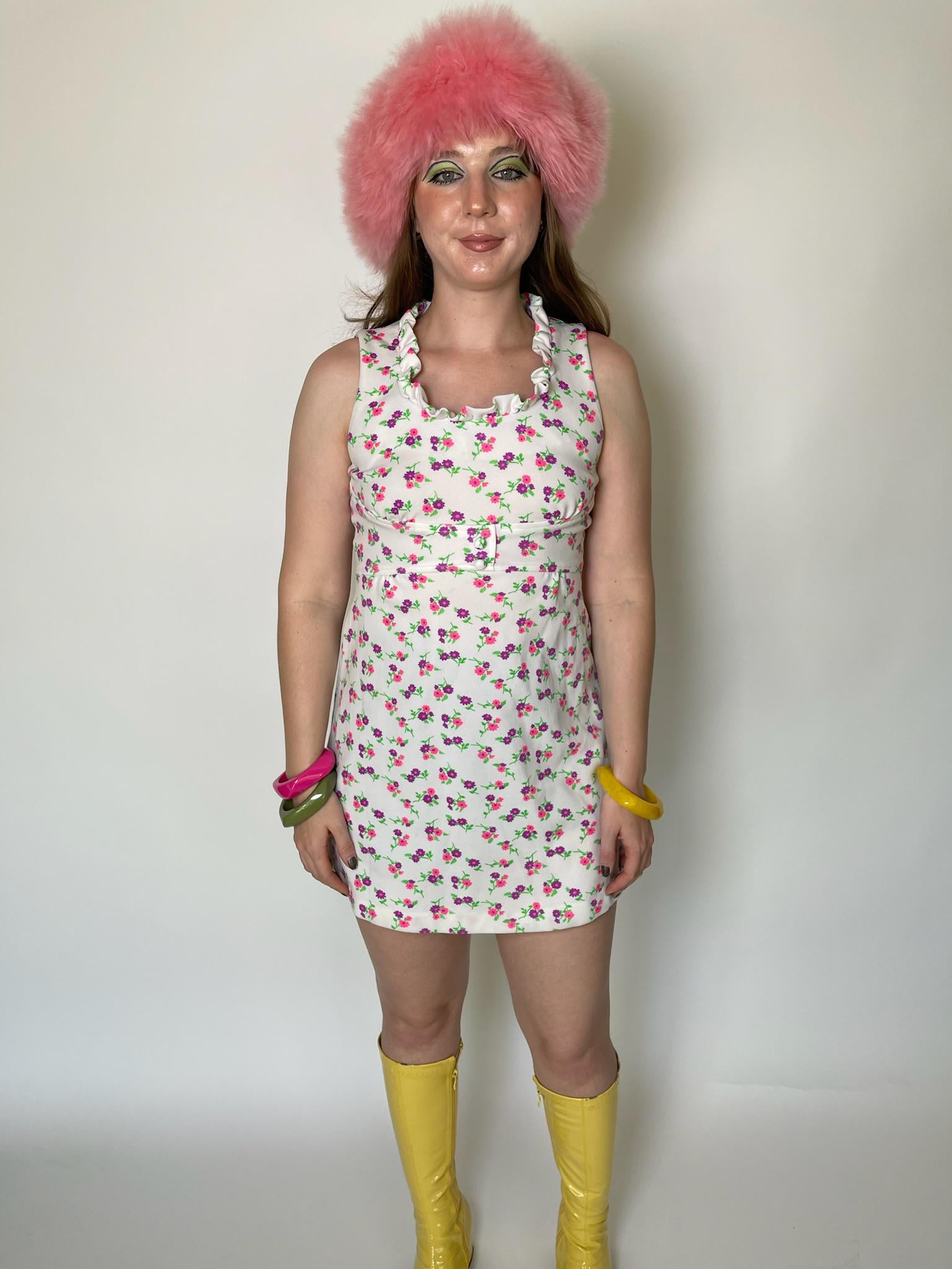 Vintage 60s 70s White with Pink and Purple Flowers Dress - Fits Size XS-S