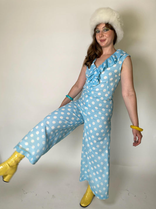 Vintage 60s Blue Jumpsuit with White Polka Dots - Fits Size S, Possibly M