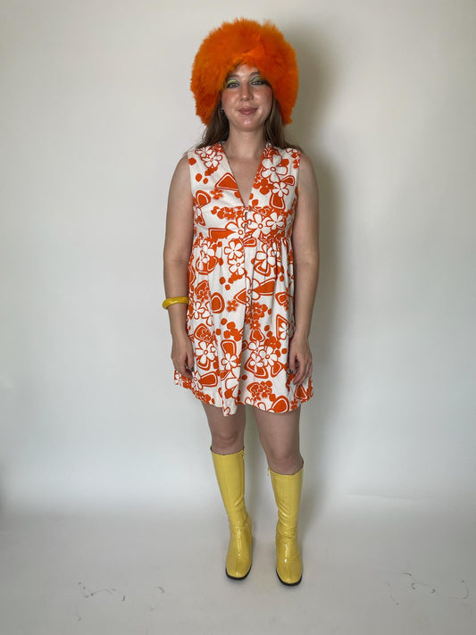 Vintage 60s Orange And White Flower Print Mini Dress - Fits Size S-M