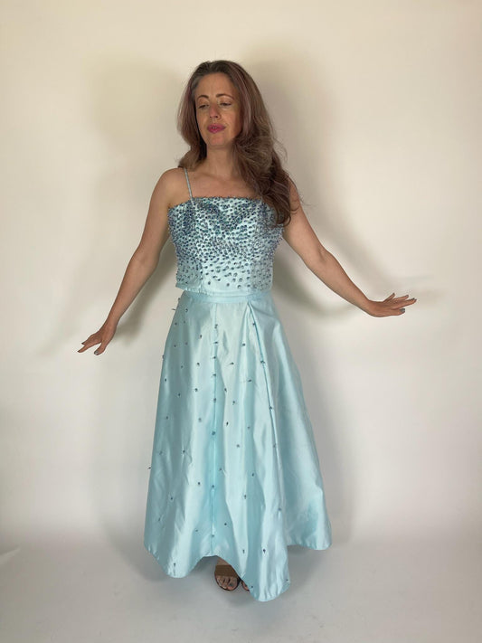 Vintage 60s 70s Reworked Blue Beaded Skirt Set - Fit S-M
